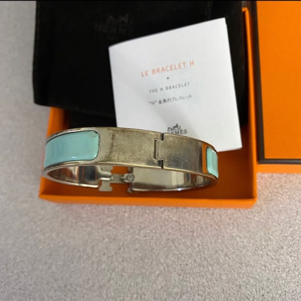 💯HERMES Tiffany-Blue Enamel Clic Clac H Bracelet - Picture 8 of 9